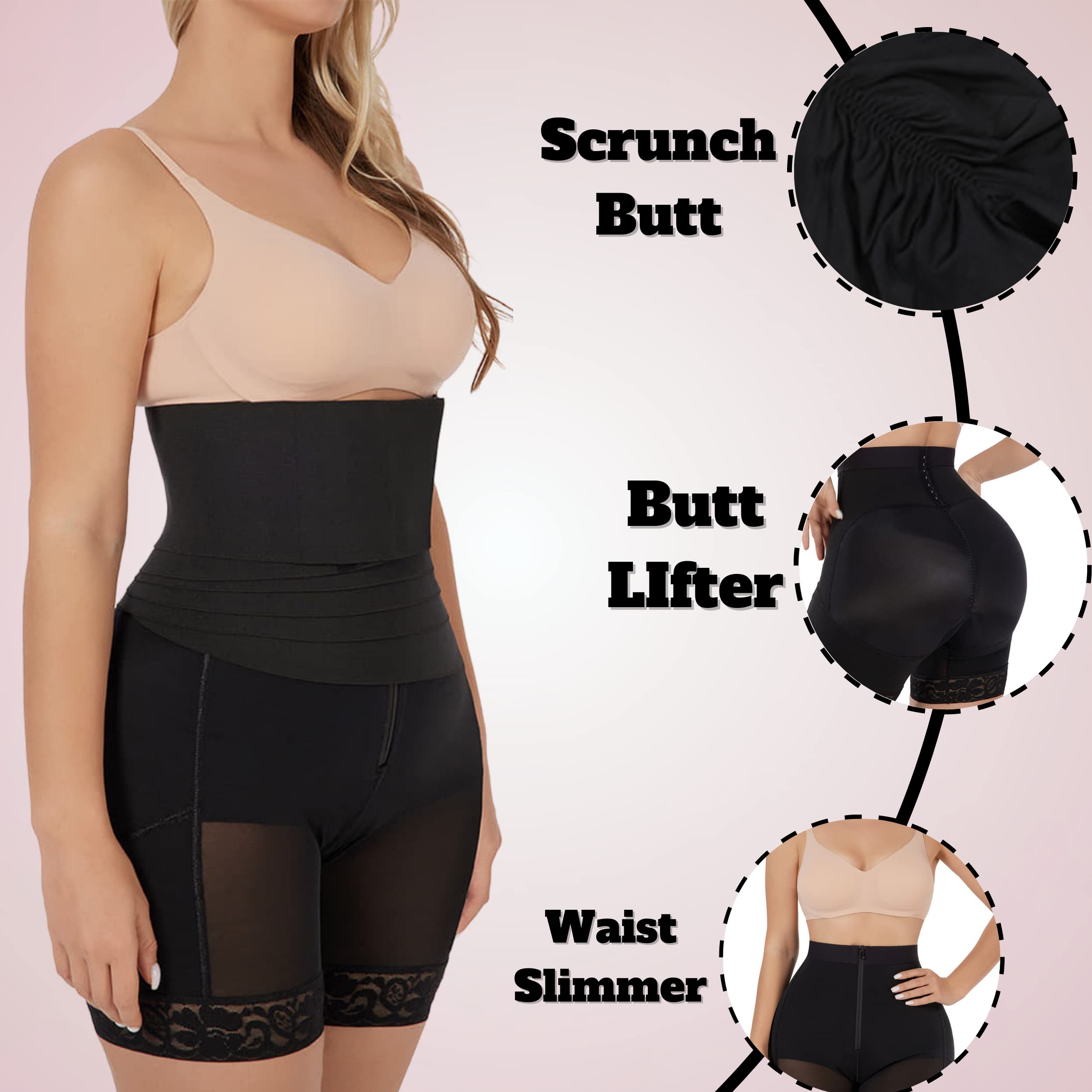 Waist trainer for Women with Butt Lifter Shorts - Removable Snatch Me Up Wrap for Lower Belly
